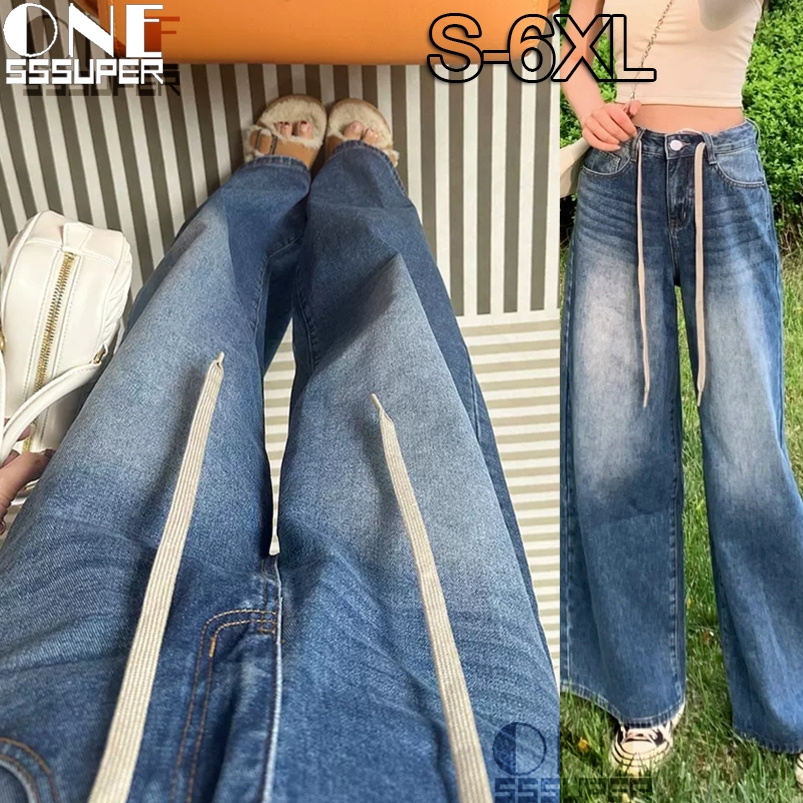 S-6XL Jeans Pinggang Tinggi Wanita Celana Jeans Tali Serut Vintage Jeans Lurus Berkaki Lebar