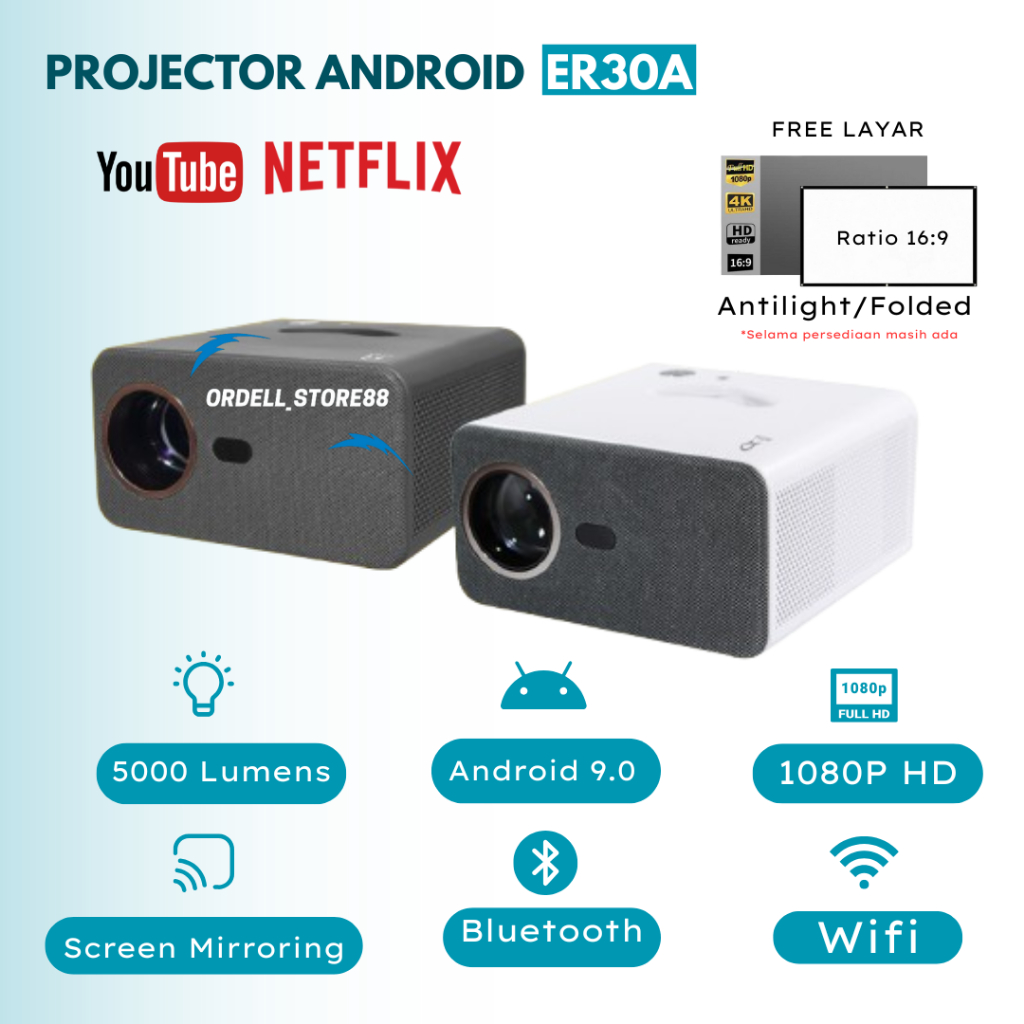 Projector Mini Led ER30A Android 9 4K 5000 Lumens Mirroring