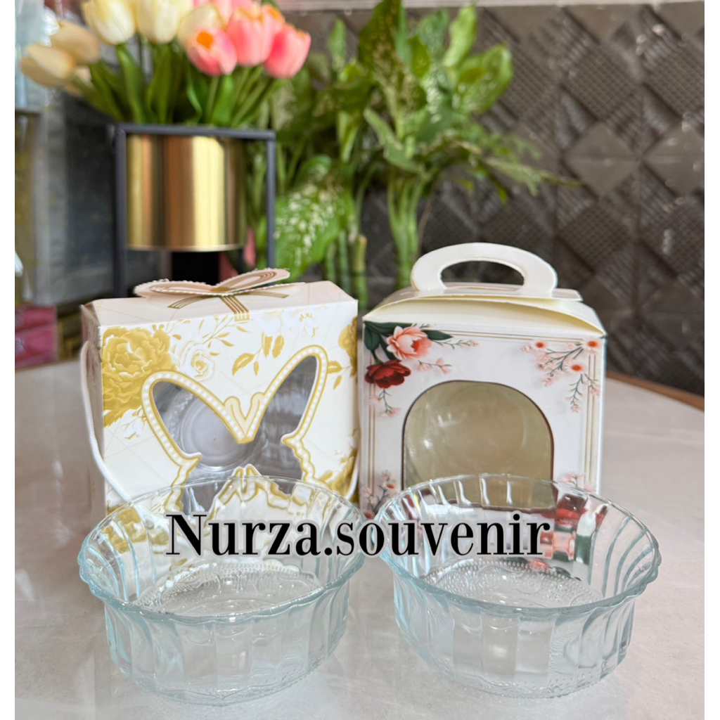 ( Isi 50pcs ) Souvenir Mangkok Kaca Motif Besar Kemasan Box Cantik