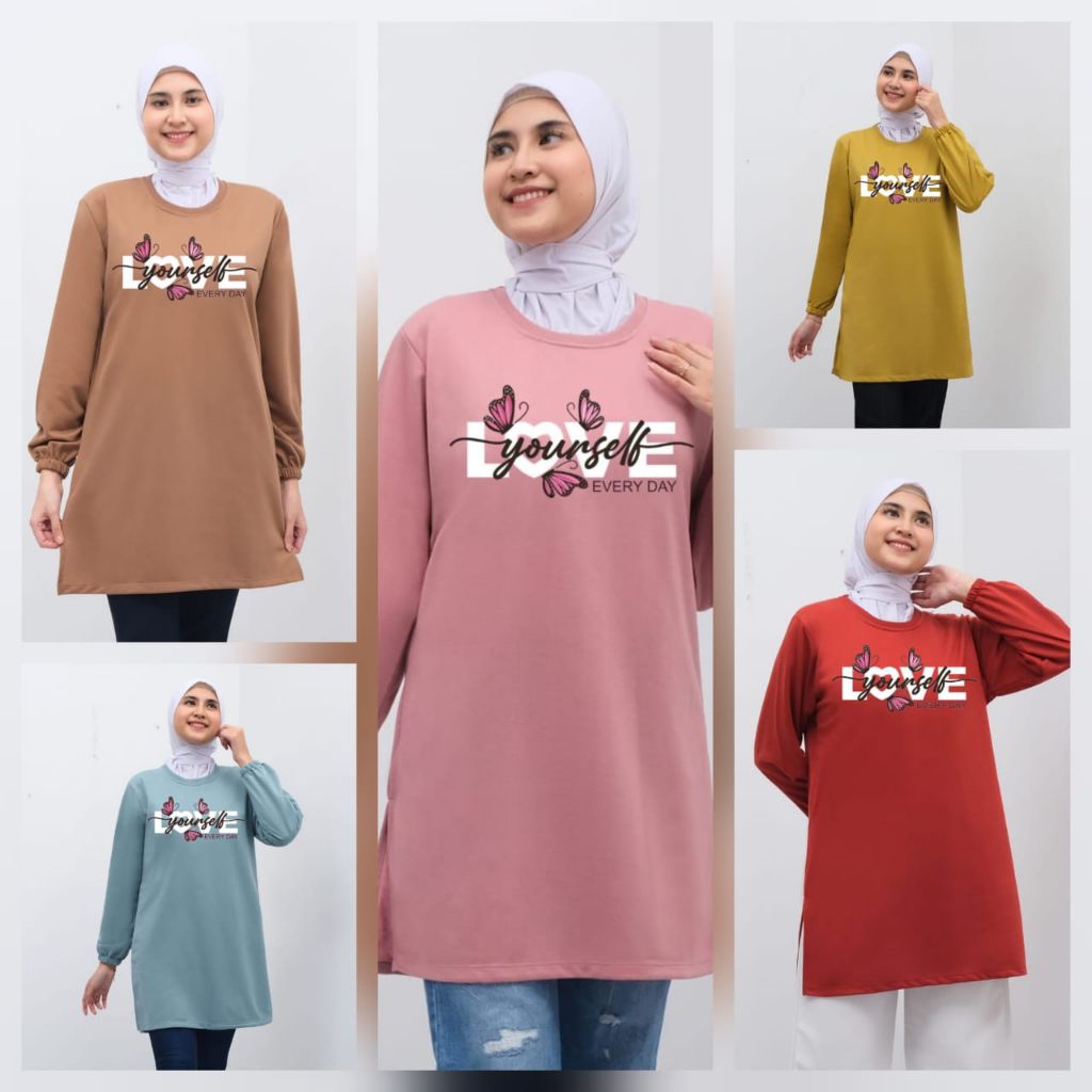 Kaos tunik wanita dewasa lengan panjang karet motif Love yourself baju tunik wanita kekinian
