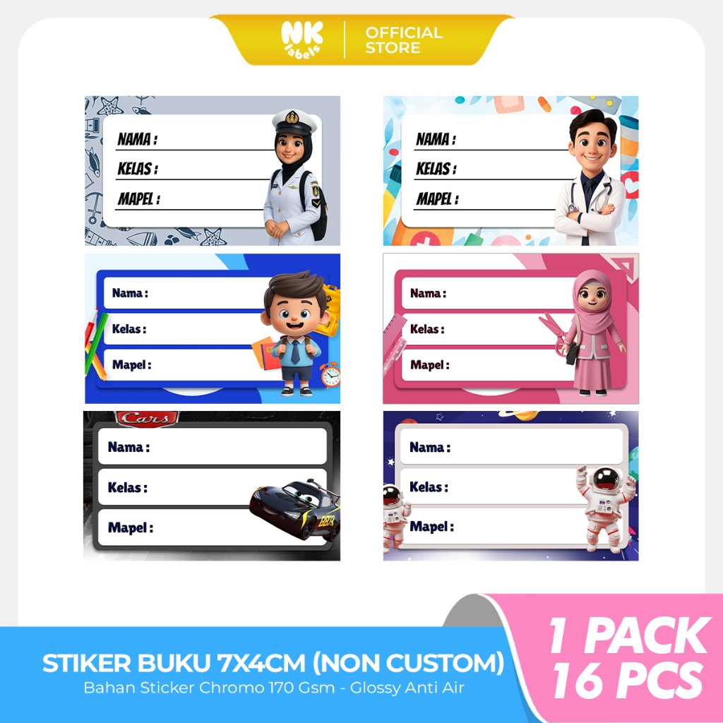 

STIKER LABEL 16 PCS Buku Pelajaran Karakter Profesi 3D Bahan Glossy Anti Air - Size 7x4 Cm