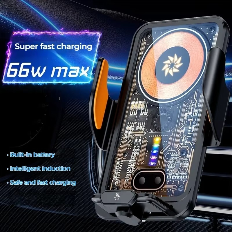 Tempat Phone Holder AC mobil Super Fast Charger Magnetic Bottom Charging 66W Wireless Induction Charger Vehicle Mount Bracket 15W  Sensor Automatis Locking Automatic Lock Handphone Smartphone Mobil 360 Rotation Stabil Anti Getaran Type C Universal GPS