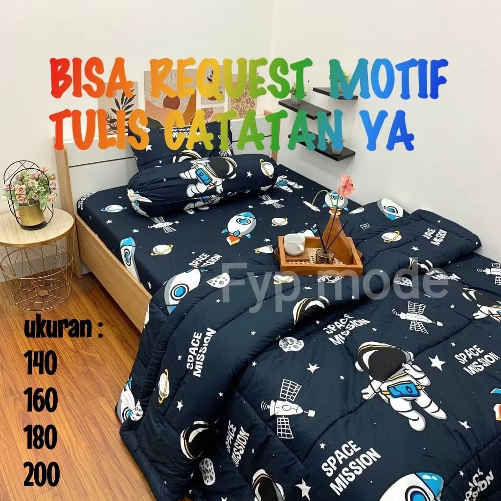 BEDCOVER SET 140/160/180/200 REQUEST MOTIF ANAK PLANET ASTRONOT JAGOAN SPIDERMAN BATMAN MINION SPONG