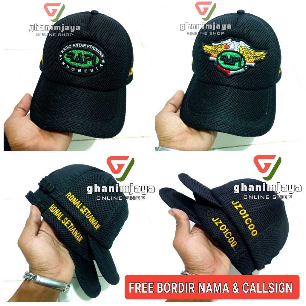 TOPI RAPI HITAM JARING DOBELMESH FREE BORDIR NAMA DAN CALLSIGN