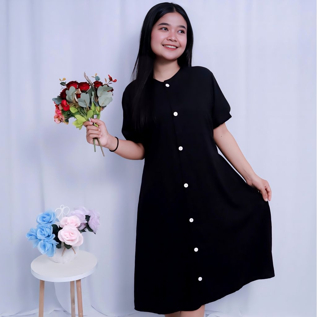 Midi Dress Kasual Lengan Pendek Katun Rayon Twill Daster Wanita Premium Busui Friendly