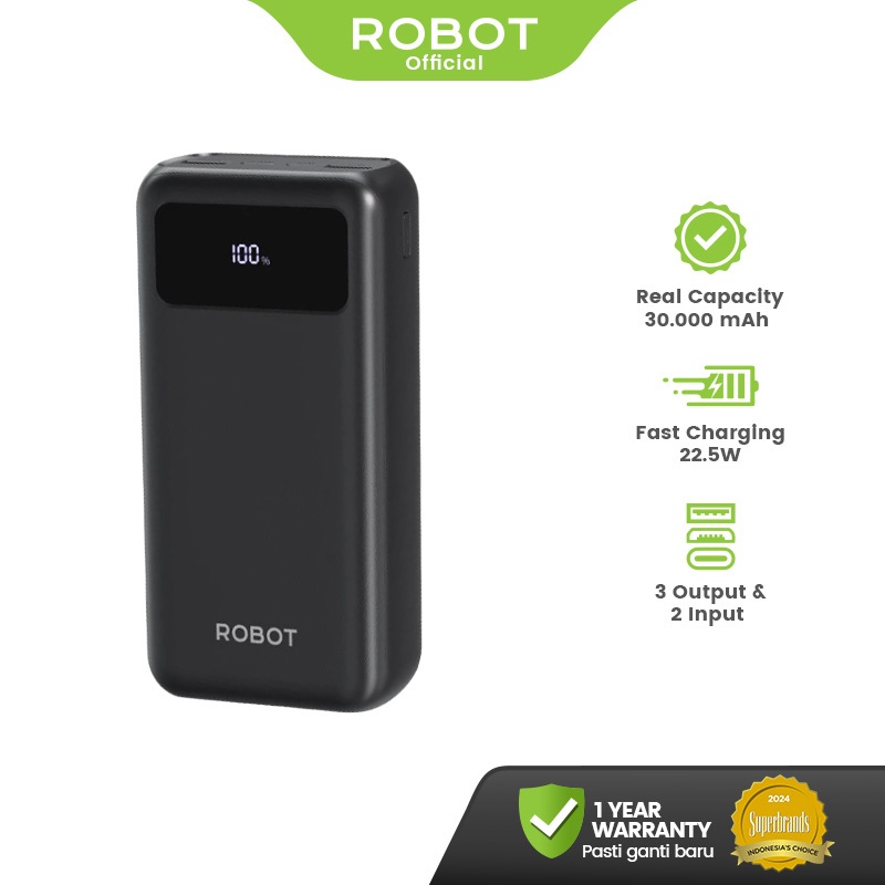 [FOR LIVE] ROBOT Powerbank 30000 mAh Fast Charging Dual Input 3 Output 22.5W 3 Port USB Type C LED R