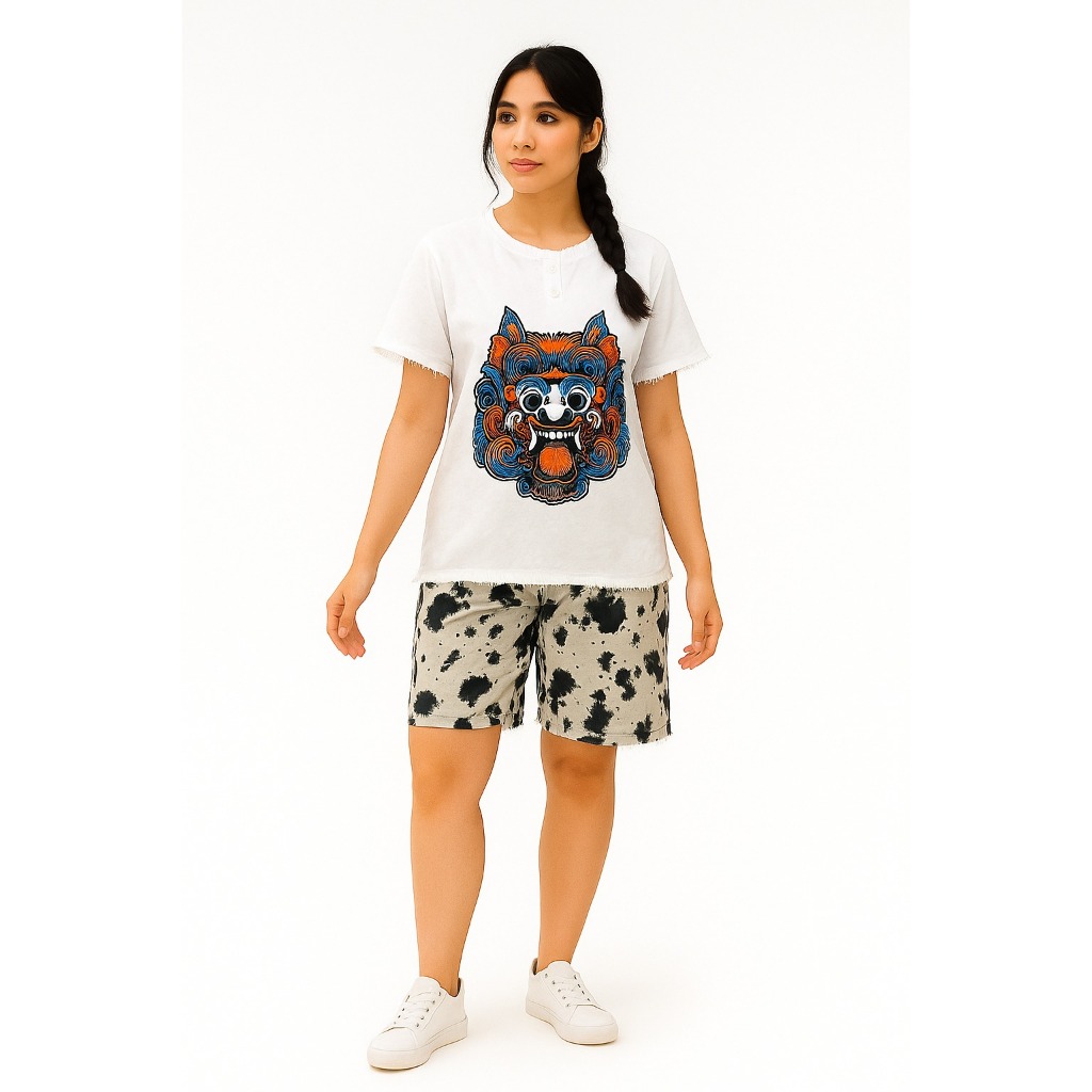 Setelan Baju Barong Bali Pria Wanita – Kaos Rayon Tie Dye + Celana Pendek, Outfit Pantai, Baju Santa