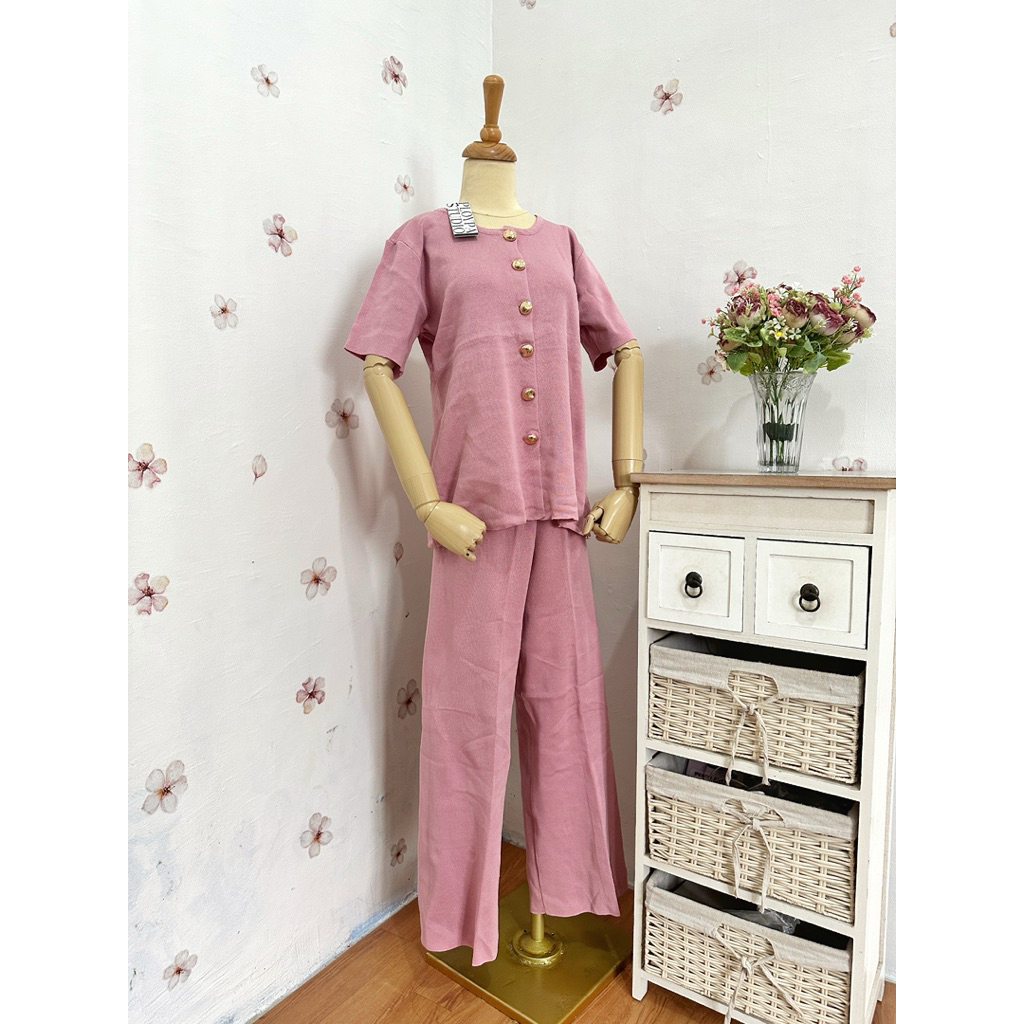 PIPO.ID | Pakaian Wanita Set Setelan Lengan Pendek Bahan Knit Polos Motif Cherry Bunga By Ploypa Stu