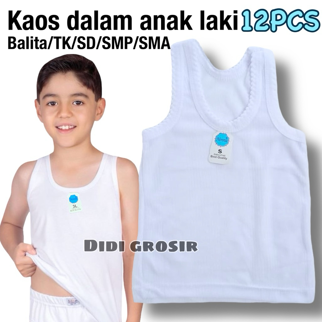Lusinan singlet salur anak laki laki putih polos katun lembut balita/TK/SD/SMP/SMA remaja kaos kutan