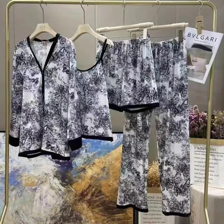 SET PIYAMA WANITA 4 IN 1 PREMIUM - MOTIF LUKISAN TIONGKOK & BAHAN ICE SILK,baju tidur wanita one set