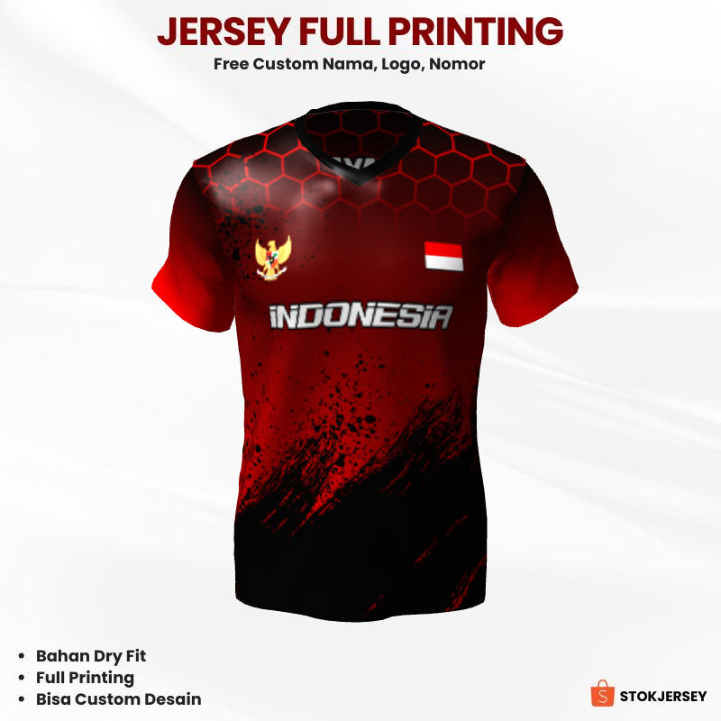 Kaos Jersey Futsal Merah Hitam Motif Abstrak Honeycomb 236 - Jersey Olahraga Custom Lengan Pendek