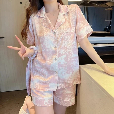 Set Piyama Wanita Bahan Ice Silk - Kaos Lengan Pendek + Celana Pendek untuk Rumah,one set，one set wa