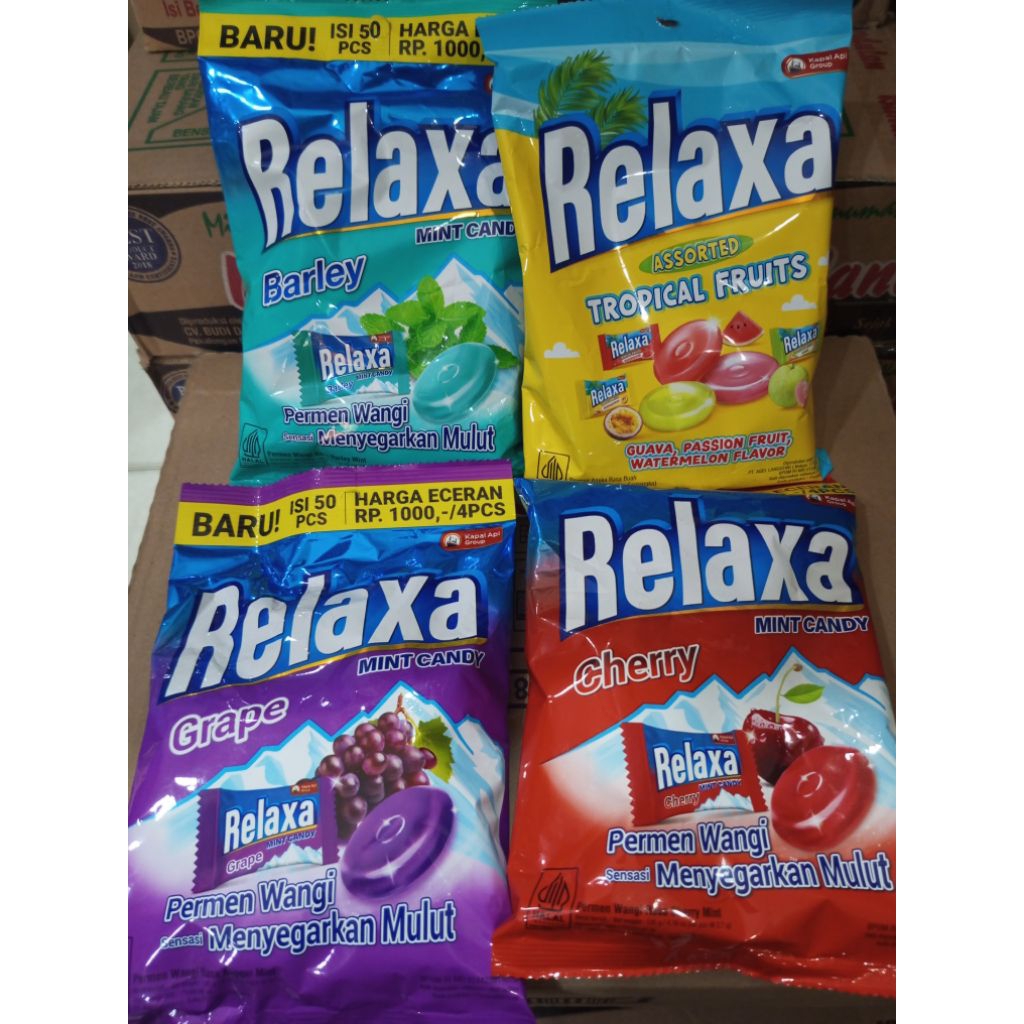 

Permen relaxa 1 pack isi 50pcs / permen relaxa rasa grape, barley, Cherry, tropical fruit / mint candy