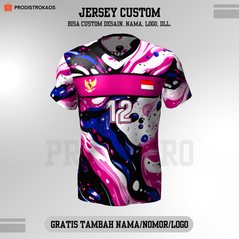 Kaos Jersey Olahraga Badminton Pingpong Lari Volly dll - Jersey Volly Pink Putih Hitam Motif Abstrak