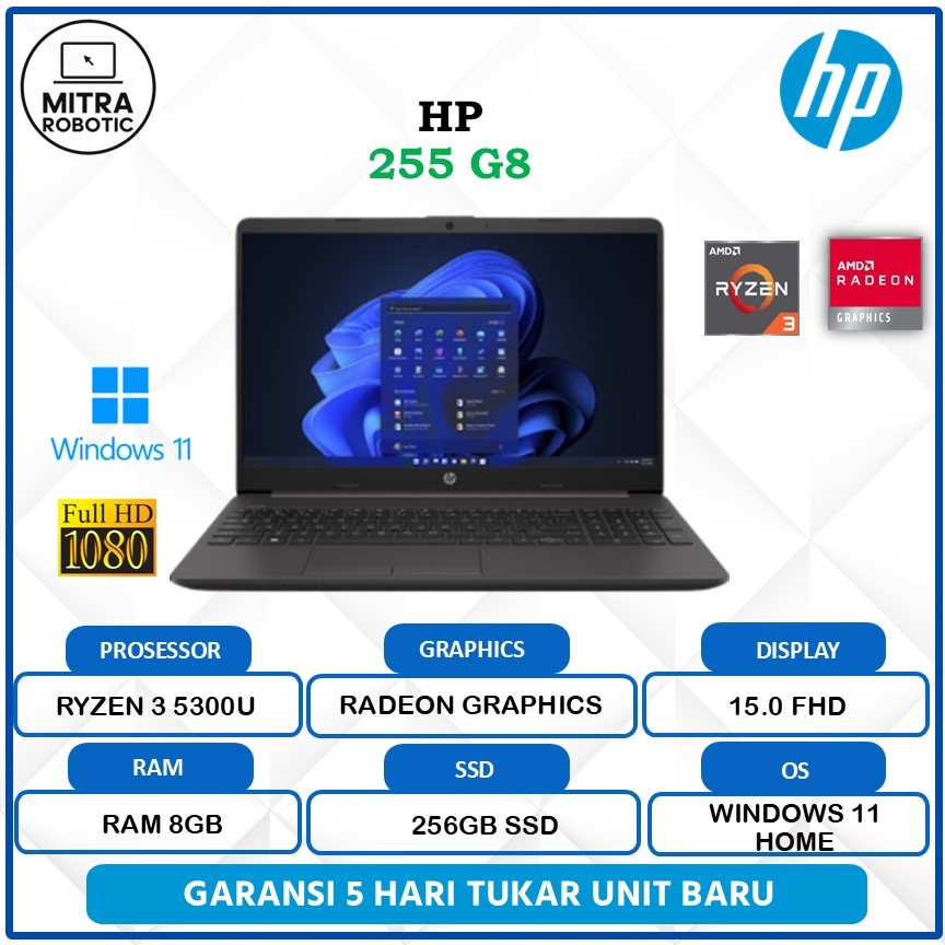 Laptop HP 255 G8 Ryzen 3 5300U 8GB 256GB Radeon Graphic FHD Win 11