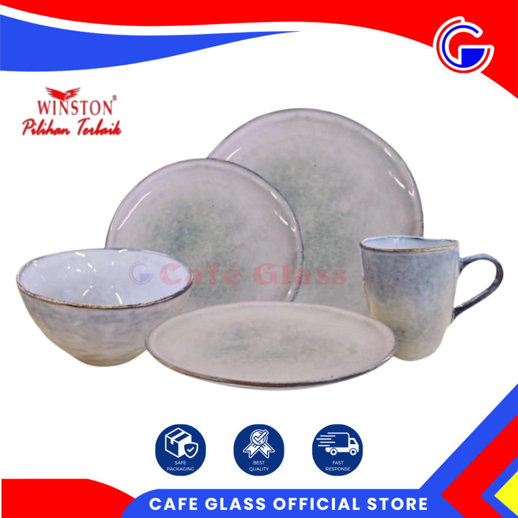 DINNER SET KERAMIK | MOTIF BATU GREY CERAMIC TABLEWARE | PIRING/MANGKOK/MUG SET WINSTON