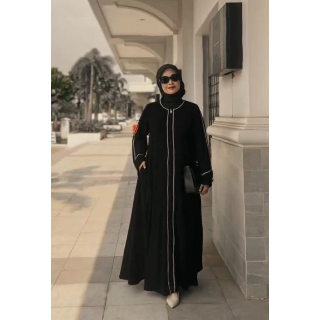 JET BLACK/GAMIS WANITA MOTIF GARIS BORDIR BAHAN JETBLACK