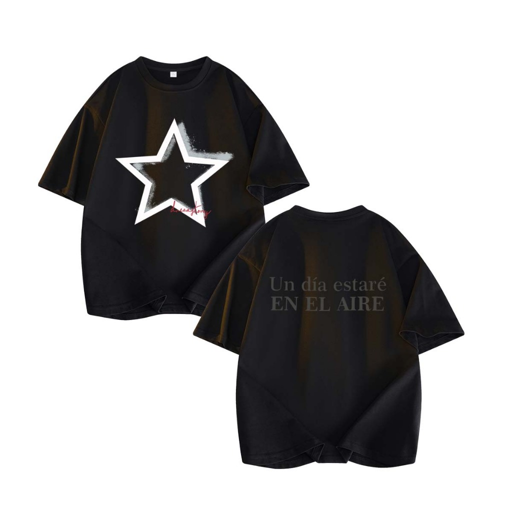 Kaos Hitam Bintang Retro Usang｜Bintang Putih & Tulisan Merah｜Teks Spanyol Berlapis Punggung