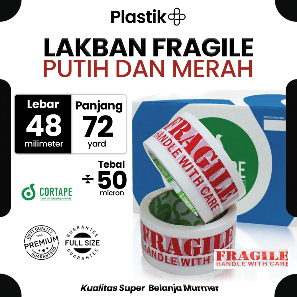 

Lakban / Selotip / OPP Tape Printing Fragile Putih Merah 2inch 48mm x 72yard Cortape Harga Satuan