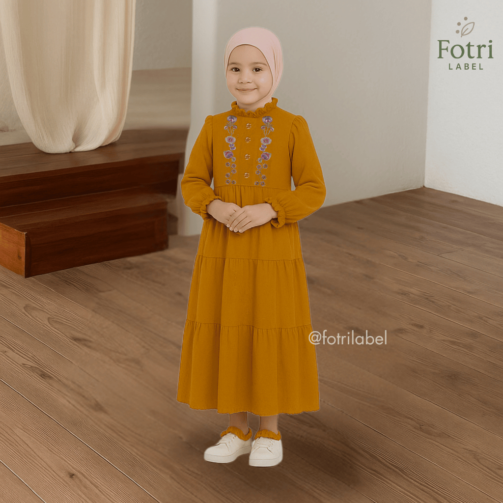 Gamis Anak Perempuan Tanggung 8 9 10 11 12 Tahun / Midi Dress Kerah Ruffle Susun Bordir Bunga Cewek 