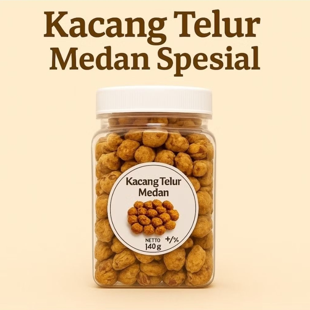 

Kacang Telur Medan Premium 140g – Renyah Manis Asin Gurih, Toples Eksklusif!
