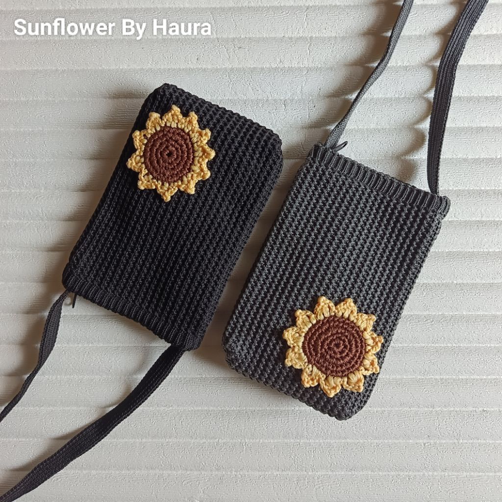 Tas Selempang Rajut Hp Resleting Motif Bunga Matahari Bahan Polyester Berkualitas