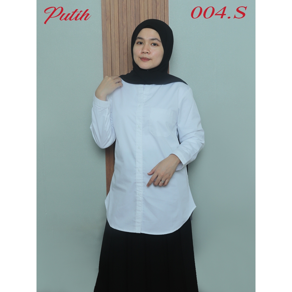 kemeja tunik putih stretch tanpa kerah saku wanita polos shanghai panjang jumbo premium