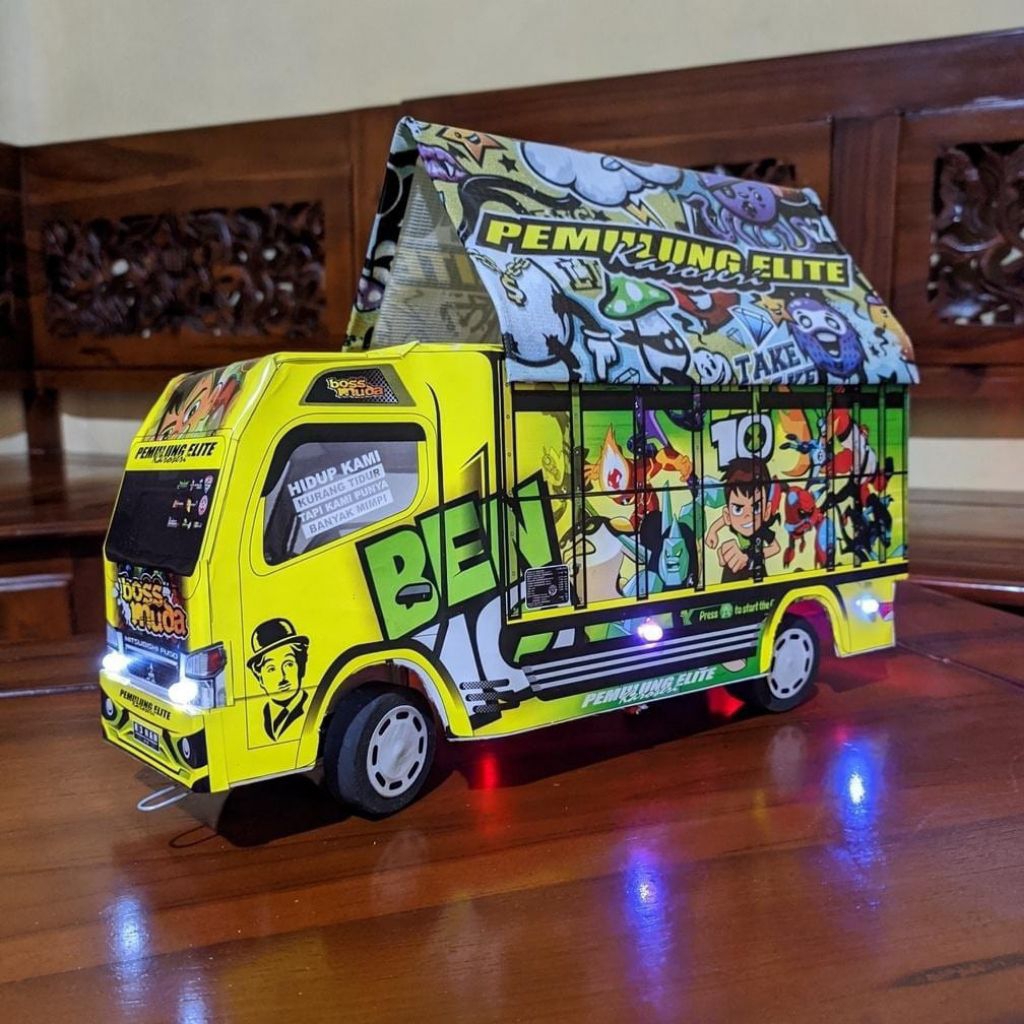 PROMO MINIATUR TRUK OLENG KAYU FULL LAMPU KELAP KELIP RODA DEPAN BISA BELOK KANAN KIRI miniatur truk
