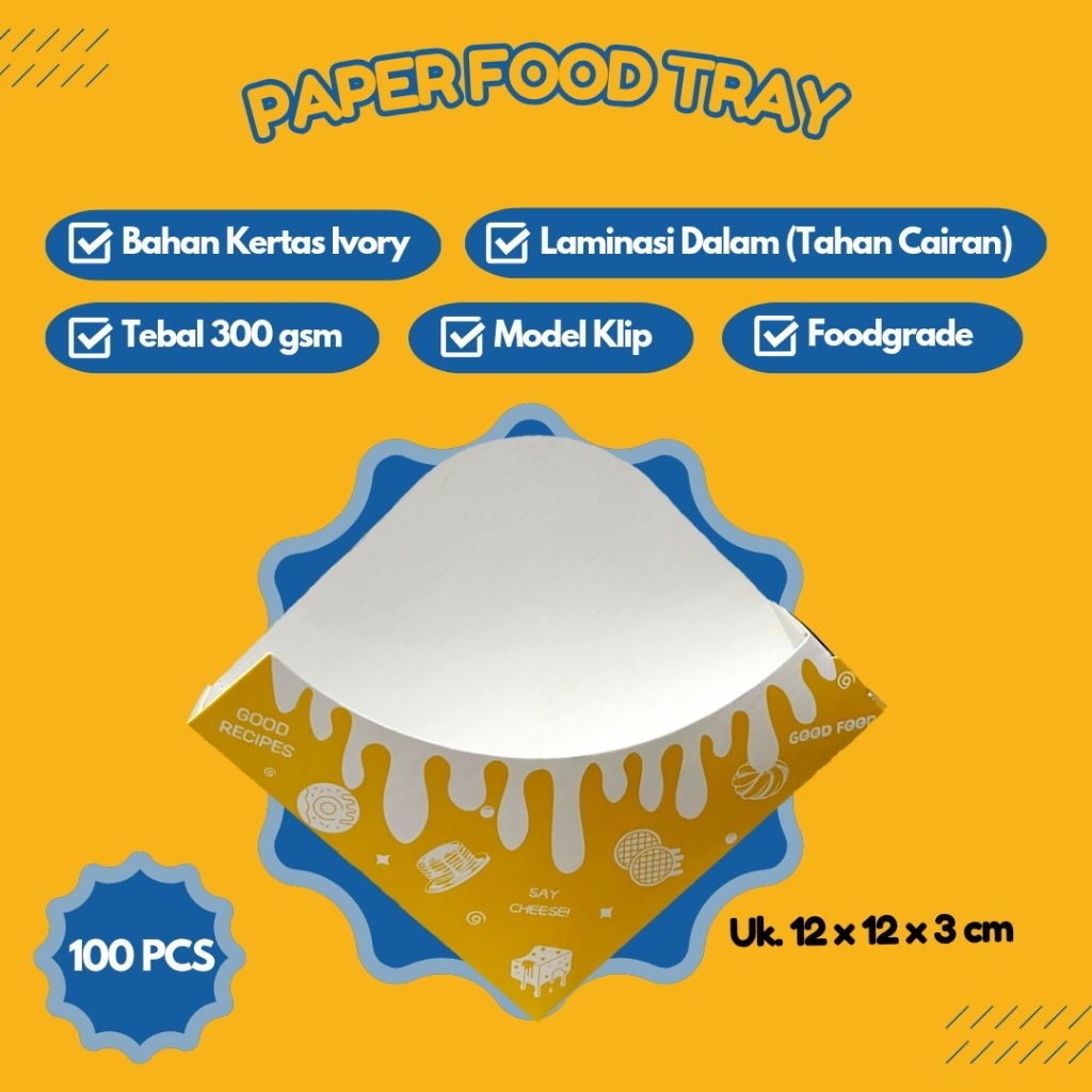 100 PCS Paper Food Tray, Tray Cheese Coin Ukuran 12 x 12 x 3 CM Motif Warna Kuning