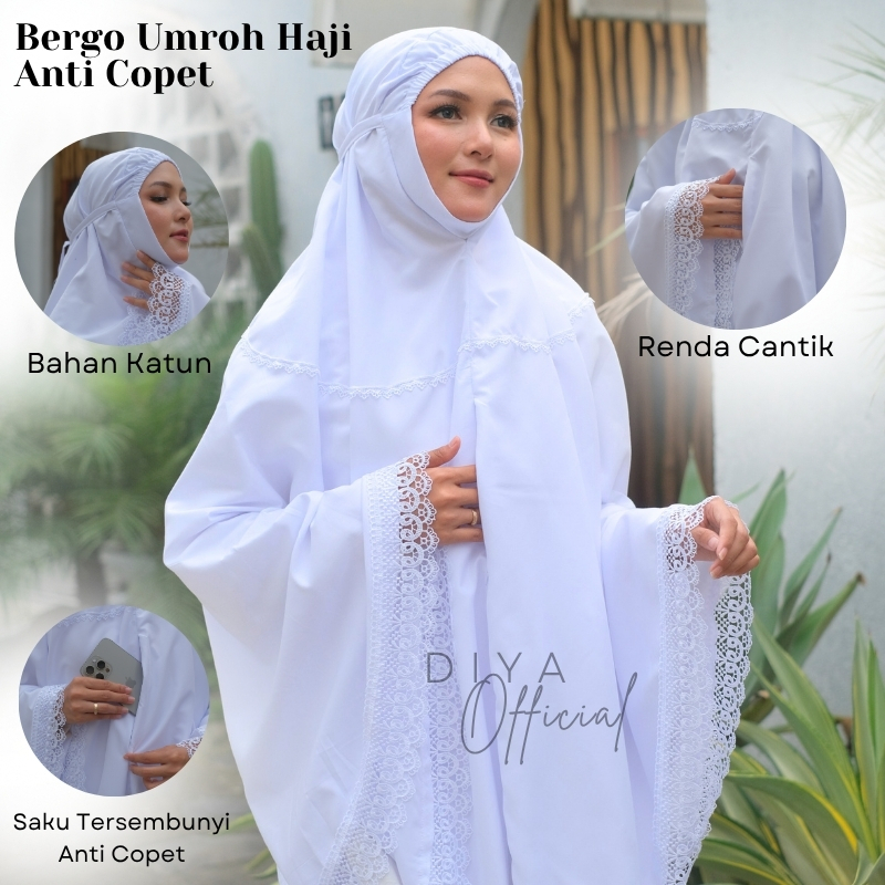 Bergo Umroh Haji Bahan Katun Premium Renda Mewah Hijab Jumbo Saku Anti Copet - Diya Official