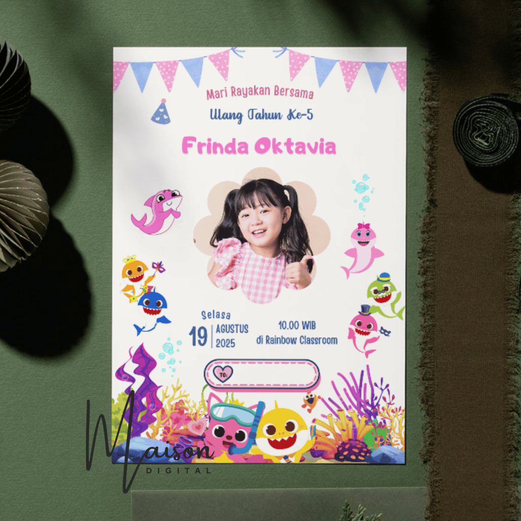 30 Pcs Undangan Ulang Tahun Baby Shark + Plastik OPP - Undangan Ultah - Undangan Ulang Tahun Custom