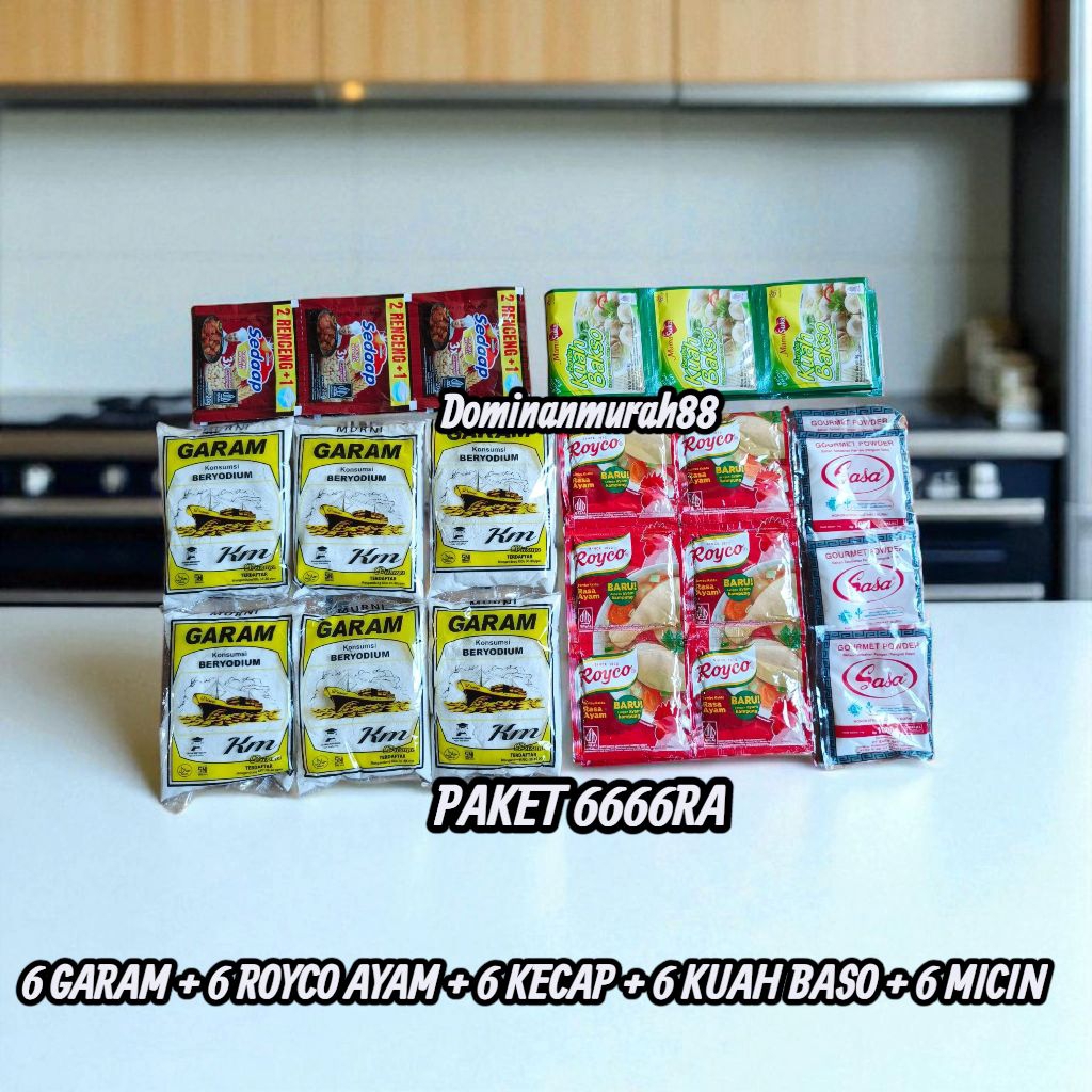 

PAKER KM MURNI BUMBU DAPUR 25 RIBUAN 6 GARAM 150 GRAM + 6 ROYCO / MASAKO / SEDAAP KALDU + 6 KECAP 20 GRAM + 6 KUAH BASO 8 GRAM + 6 MICIN 14 GRAM / BUMBU DAPUR / GARAM / GAREM