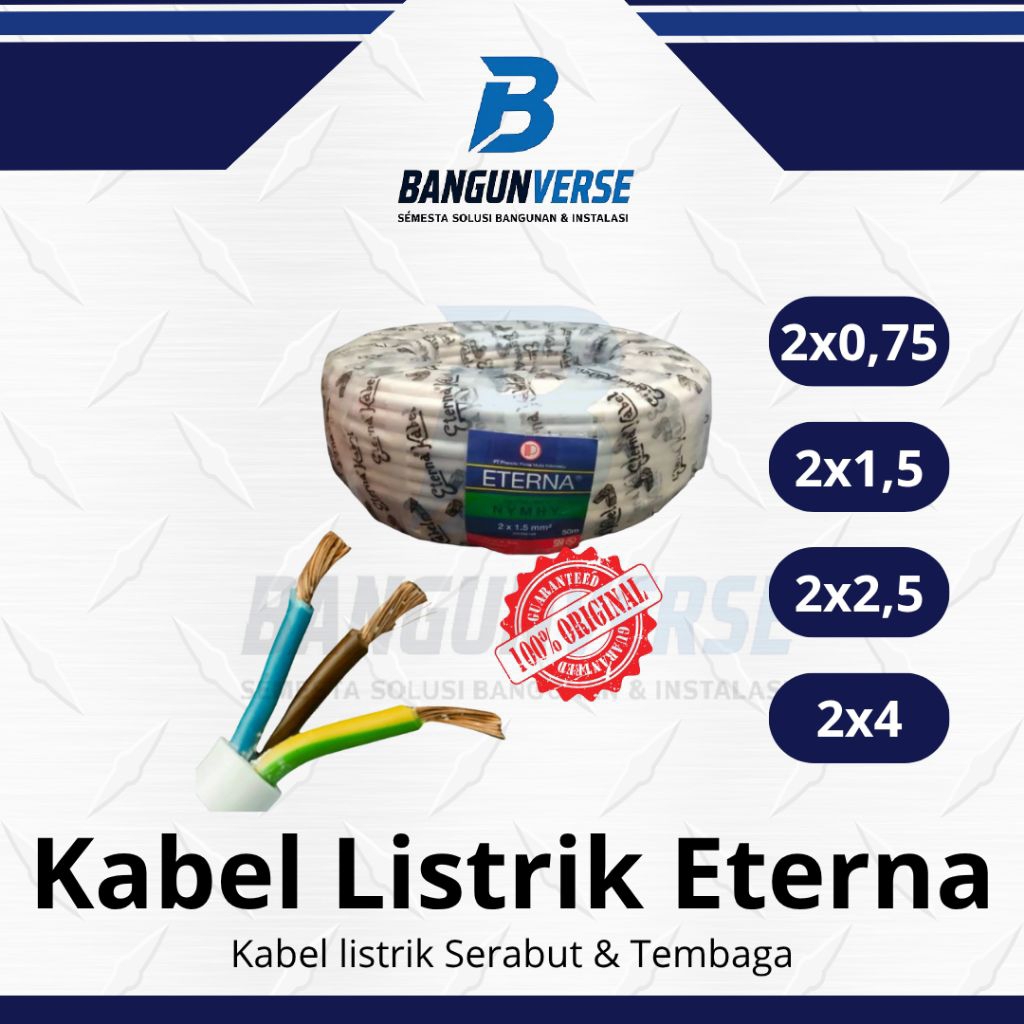 Eterna Kabel Serabut NYMHY 2x0.75 - 2x1,5 - 2x2,5 - 2x4 Eceran /Meter Kabel Listrik Kawat Tembaga