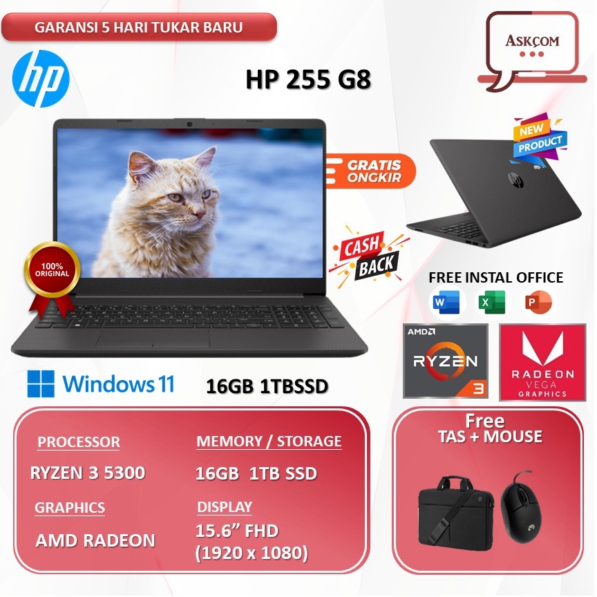 Laptop HP 255 G8 RYZEN 3 5300 16GB 1TB SSD W11 15.6FHD