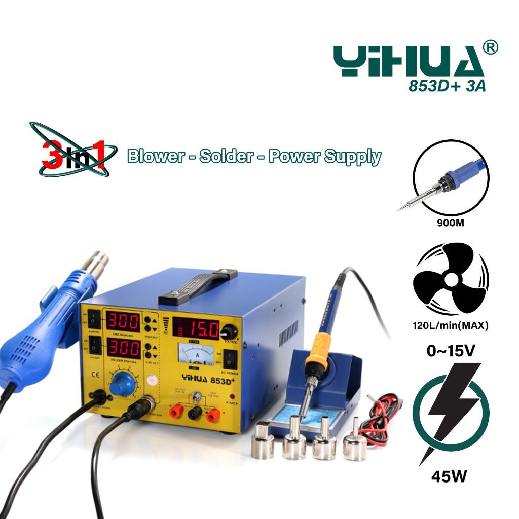 Yihua 853D+ Blower Solder Uap 3 IN 1 Soldering Station Power Supply 5A