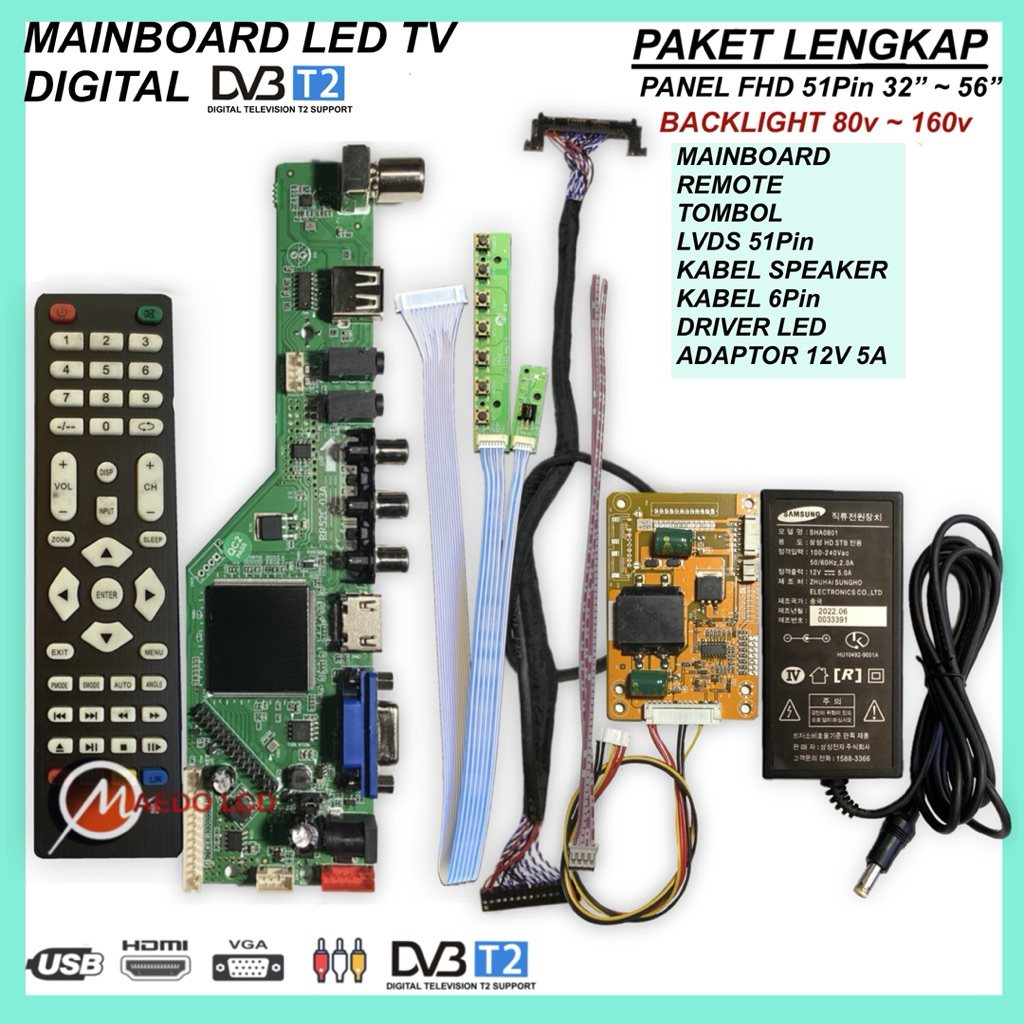 Universal LED TV Digital DVBT2 | Paket lengkap Panel LED 32" - 56" socket 51pin FHD