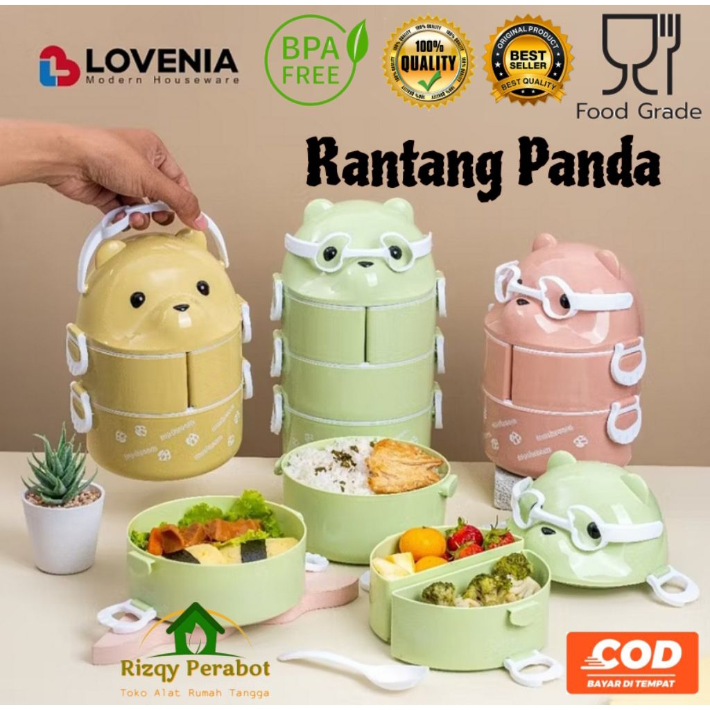 Rantang Panda Sekat Susun 3 & Susun 4 bonus Sendok Makan Plastik / Lunch Box Beruang/ Lovenia Rantan
