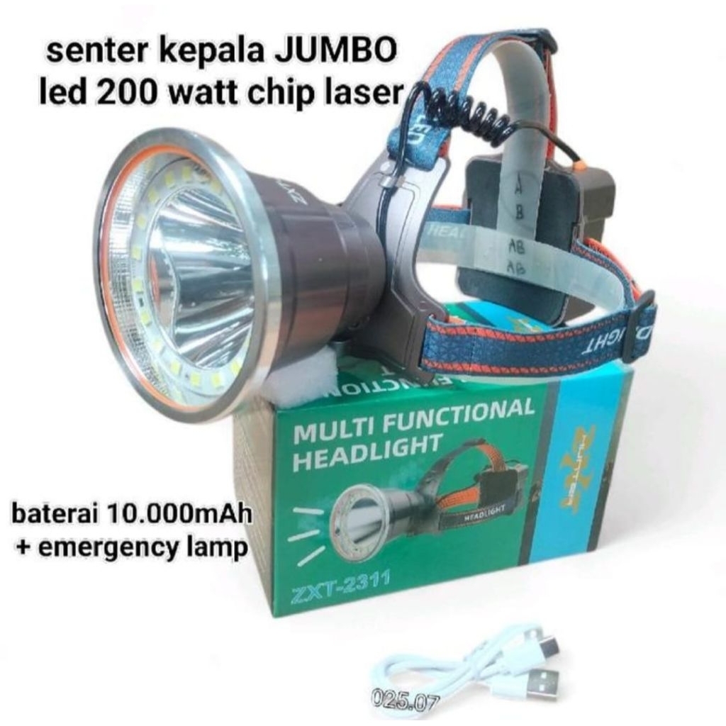 Senter kepala Jumbo ZXT HUNTER Multifungsi 200wat ZXT-2311 LED CHIP LASER+Lampu EMERGENCY Charger/ca