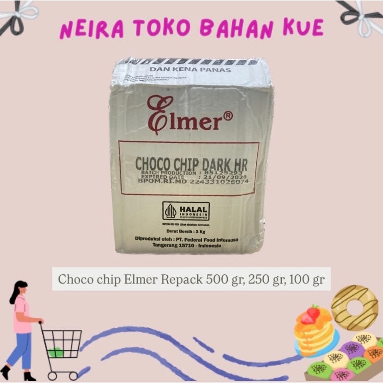 

ELMER DARK CHOCO CHIPS SETENGAH BULAT R3PACK 50O GR, 25O GR DAN 10O GR