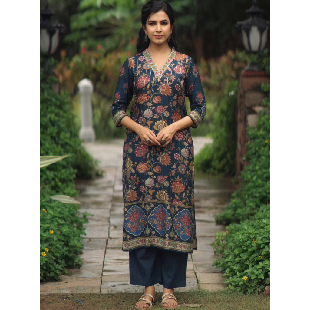 Kurta Lurus Berpayet Leher V Bermotif Bunga dengan Palazzo