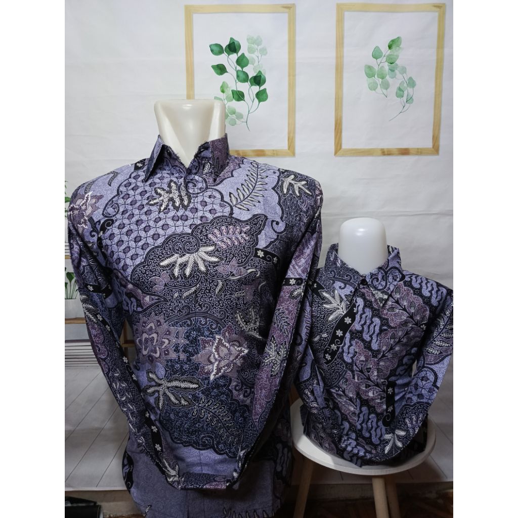 Ungu Lilac, Batik Couple Ayah Dan Anak Lengan Panjang, Lapisan Furing Hero , Batik Couple Keluarga ,