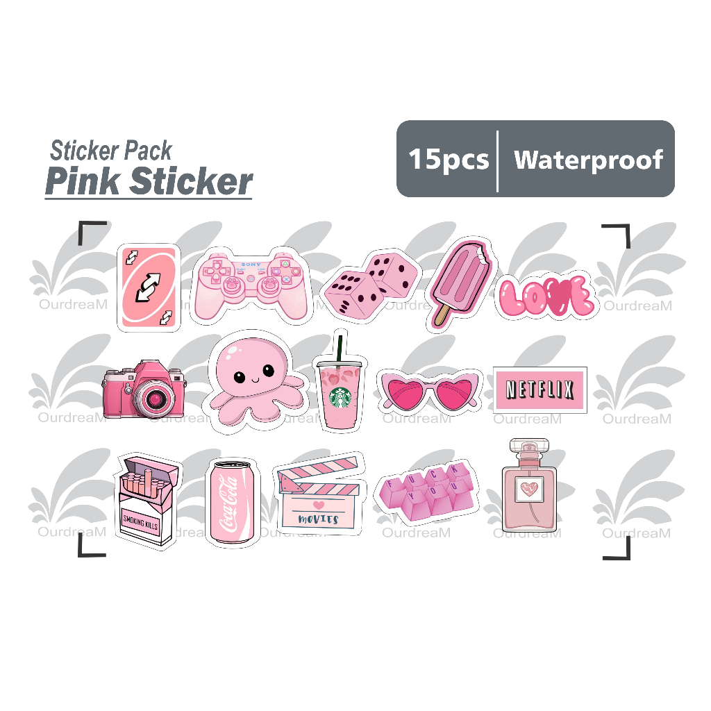 

stiker pink cute - isi 15 pcs sticker pack tumbler helm waterproof medium size