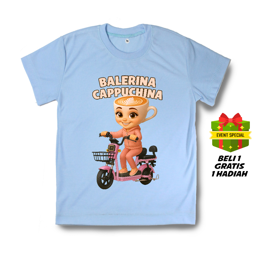 Baju Kaos Distro Anak Perempuan Adem Nyaman Anomali Balerina Cappuchina Sepeda Listrik Sablon DTF Bo