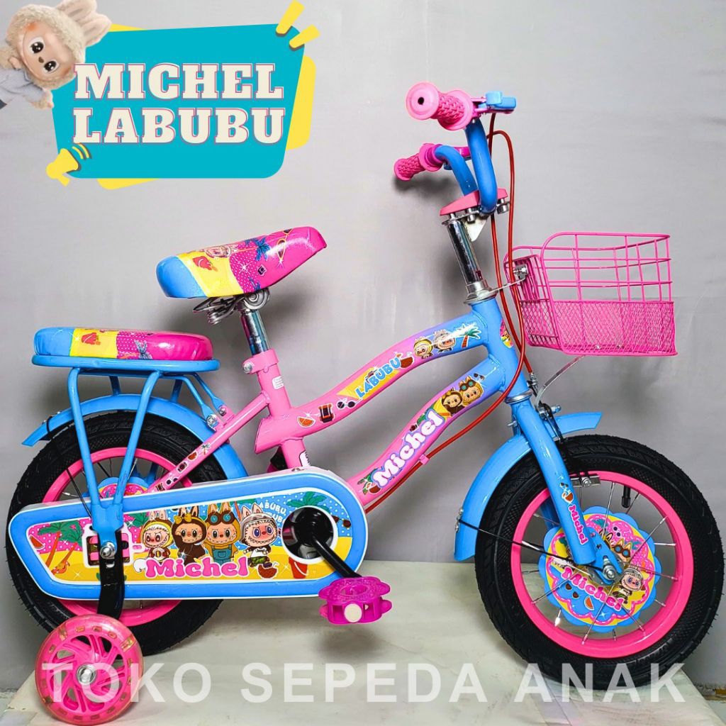 Sepeda Anak Perempuan 18 Inch Michel Labubu Musik Lampu Roda Bantu Usia 5-9 Tahun