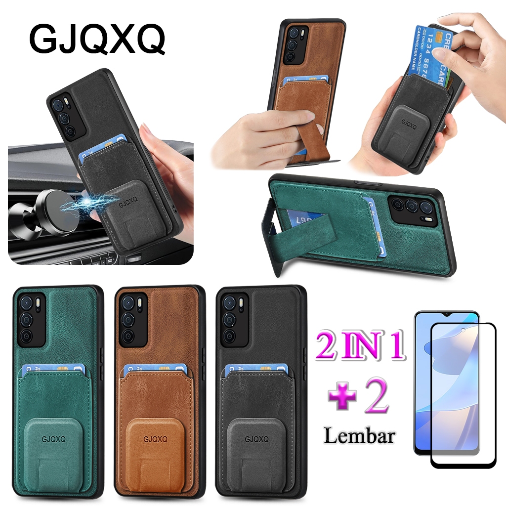GJQXQ 2 In 1 Casing For OPPO A16 A16S Dengan Bracket Deformasi dan Slot Kartu Kredit Dompet Film Ker