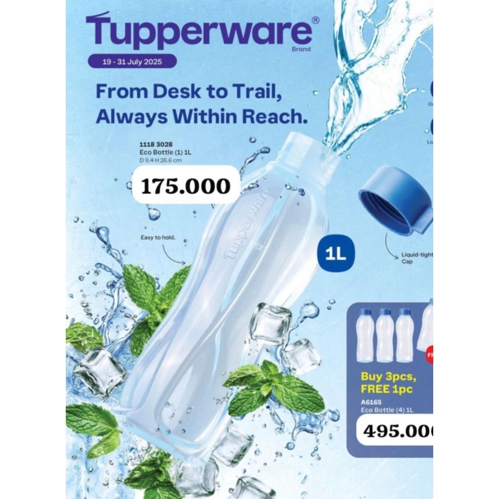 Botol minum 1Liter eco bottle tutup putar sky blue  tupperware