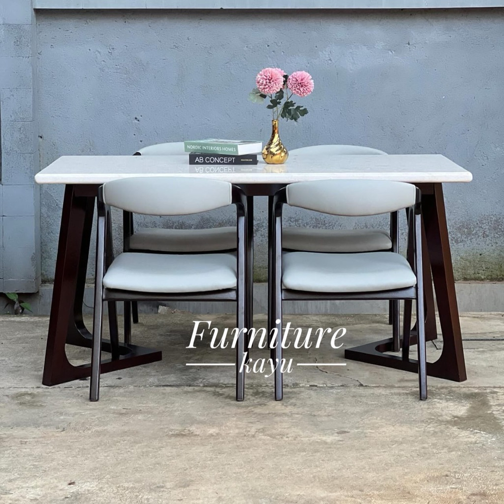 meja makan marmer, set meja makan kayu jati kombinasi marmer, meja makan murah kayu jati