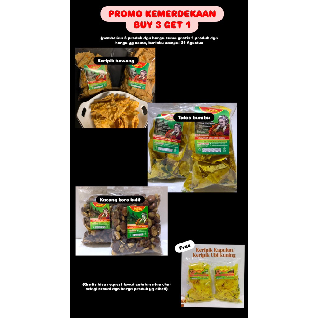 

(PROMO PAKET KEMERDEKAAN PRODUK Harga 10.000) Keripik bawang, Talas bumbu, Koro kulit, Keripik Usaha Inyak
