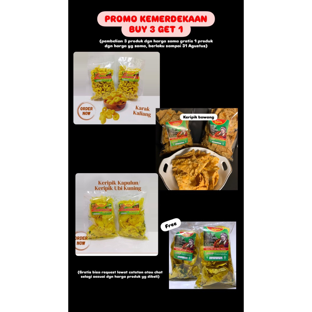 

(PROMO PAKET KEMERDEKAAN PRODUK Harga 10.000) Karak kaliang, Keripik kapulun, Keripik bawang, Keripik Usaha Inyak