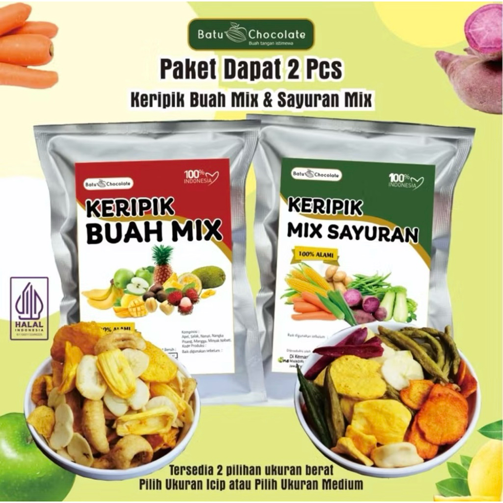 

Batu Chocolate Paket Keripik Buah Dan Sayur Mix Dapat 2 pcs / Keripik Buah Mix 1 pc Dan Keripik Sayur Mix 1 pc